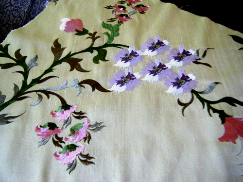 Antique Embr/ed 100% Silk Fabric Floral fragment design China remnant 52"X16" - Picture 9 of 11