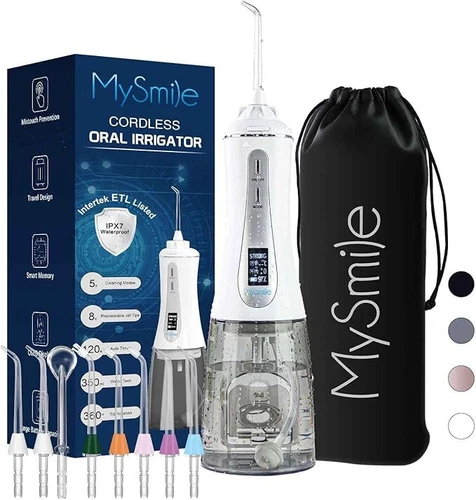 MySmile OLED Cordless Oral Irrigator Water Flosser 8 Jet Tips 5 Model White