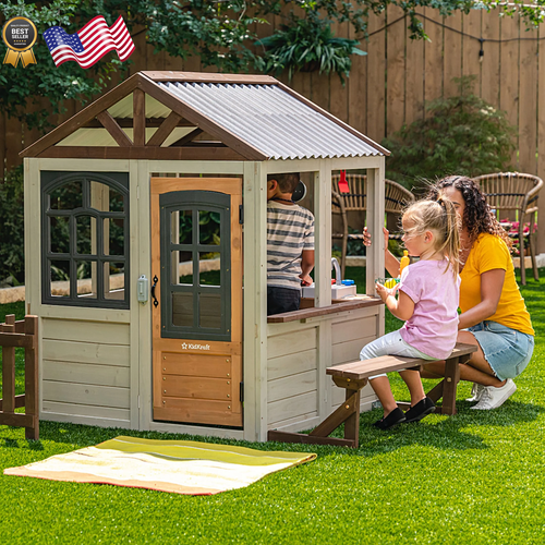 Pioneer Cottage Wooden Playhouse with Doorbell and 13 Pieces - Picture 10 of 12
