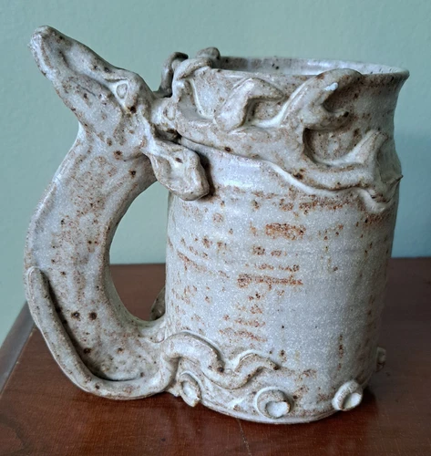 VTG Studio Art Pottery Mug Stag Deer Buck Handle Hand Made Signed 1977 Vase