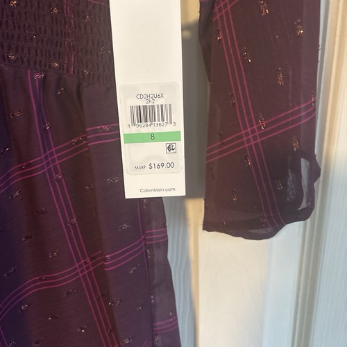 NWT! Calvin Klein Dress, Sz. 8. Plum. High Neck, Gathered Waist, Long Sleeves. - Picture 3 of 14