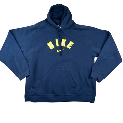 Nike Center Swoosh Large Spell Out Hoodie XL Navy Blue Yellow Distressed 