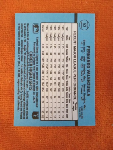 Donruss Fernando Valenzuela RIP #53 1988 Dodgers - Imagen 2 de 3
