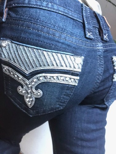Pantalones de mezclilla Rock Revival para mujer Klarry lavado oscuro bling corte boot talla 27 (30" X 34") NUEVO - Imagen 14 de 14