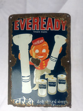 VINTAGE OLD PORCELAIN ENMAEL SIGN EVEREADY TORCH LIGHT BATTERY JOKER MARK 1950