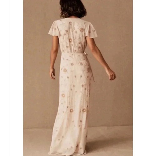 NWT BHLDN Plymouth Wrap Dress OYSTER Maxi Wedding Anthropologie Beaded Sz 0 - Picture 2 of 10