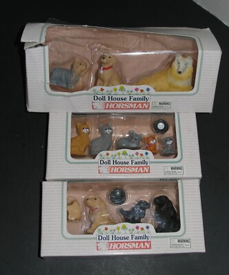 LOT of 3 Vintage  Horsman Doll House Family Pets  Dog & cat sets NIB