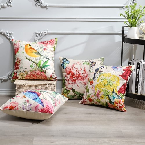 Pack of 4 Waterproof Outdoor Throw Pillow Covers 18x18 Inch Linen Flowers Bir... - Picture 2 of 9