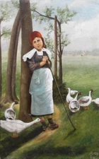 Antique French Naïve Oil Painting on Canvas The Goose Girl Geese Landscape 1924