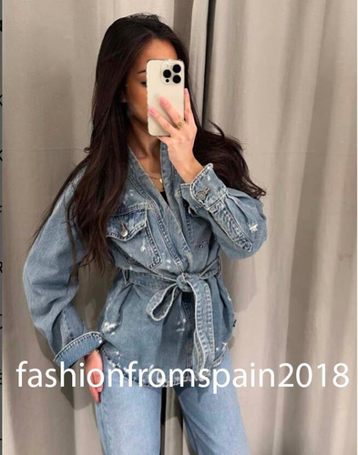 ZARA NEW WOMAN BELTED RIPPED TRF DENIM OVERSHIRT LIGHT BLUE XS-XXL 8197/076/406 - Picture 2 of 2