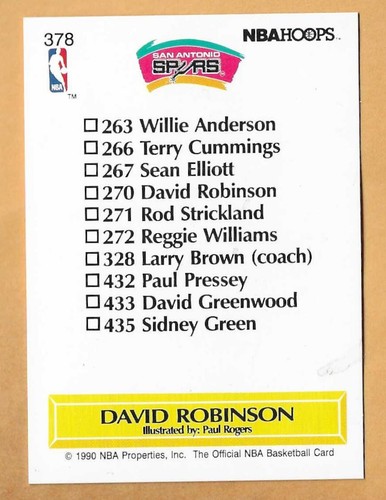 David Robinson San Antonio Spurs Checkliste #378 NBA Hoops 1990-91 - Bild 2 von 2