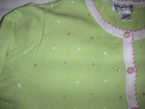 Jack B Quick Green Women's Cardigan Sz L Sweater Flamimgo 3/4" Sleeves Beaded - Picture 4 of 12