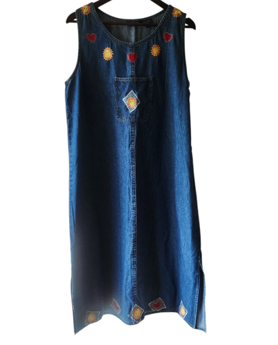 VTG Agapo Denim Jumper Maxi Dress Embroidered Size 2X Sleeveless Boho Hippie