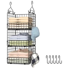 3-Tier Hanging Closet Organizer, Foldable Cabinet Wire Storage Basket Bins wi...