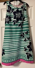 Eliza J Green White Navy Floral Striped A-Line Dress with Pink Hem Size 14