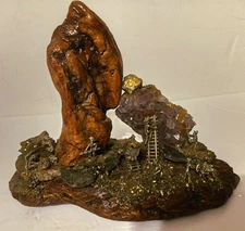 GOLD RUSH Sculpture Of  MINERS Dioram TREE ROOT Amethyst Crystal Miniature Art