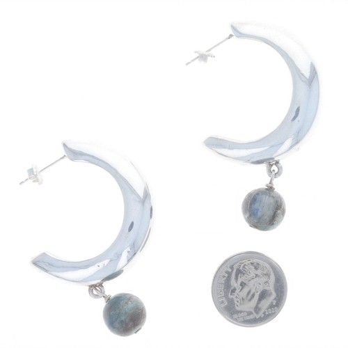 Sterling Kyanite Crescent Half-Hoop Dangle Earrings - 925 Resin Filled Pierced - Picture 3 of 7