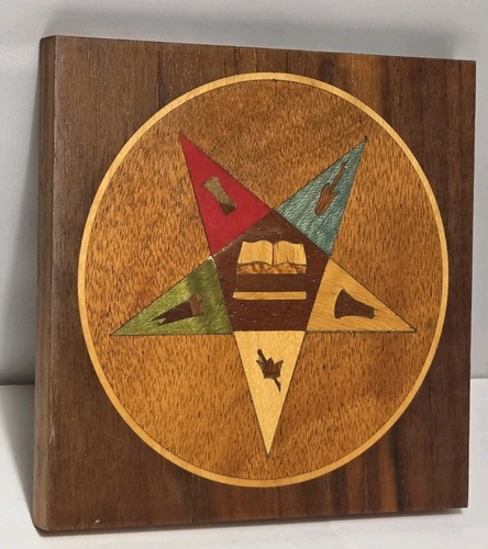 Vintage Volkskunst Holz Intarsien Freimaurerorden "Oststern Emblem" Wandrelief 41/2 - Bild 3 von 9
