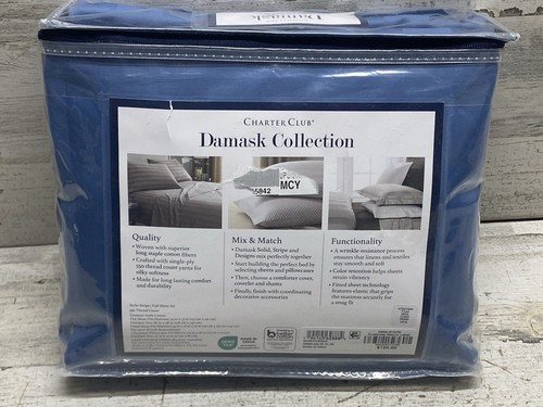 Charter Club Damask Stripe 550 TC 4pc Full Sheet Set Ocean Blue New - Picture 3 of 5