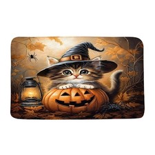 Spooky Halloween Cat Bath Mat Fall 17.8x29.5Inch 45x75cm , Orange Black