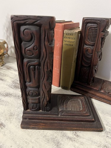 Vintage Hand Carved Wooden Mayan Aztec Honduras Bookends Set Of 2 TIKI - Picture 21 of 24