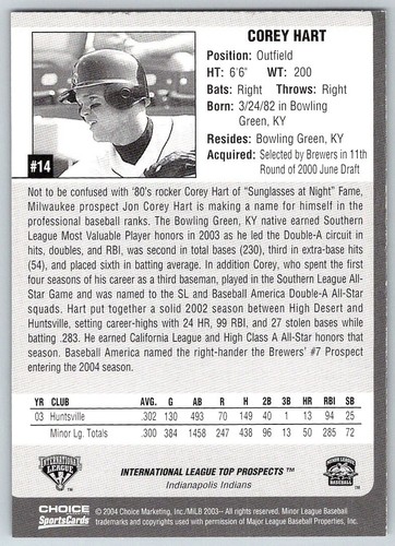 2004 Choice International Prospects #14 Corey Hart SIGNED Indianapolis Indians - Picture 2 of 2
