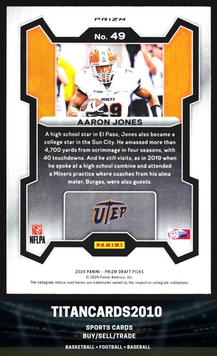 Aaron Jones 2024 Panini Prizm Draft Purple Wave Prizm UTEP Miners #49 - Picture 2 of 2