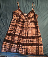 New York & Company Plaid Satin Dress Brown/Beige V-Neck Spaghetti 18