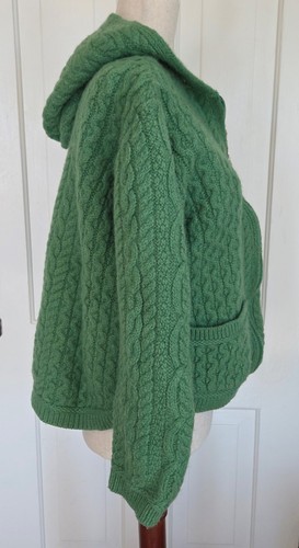 Aran Craft 100% Merino Wool Full Zip Front Cardigan Hood Green Size XL Ireland - Picture 6 of 14