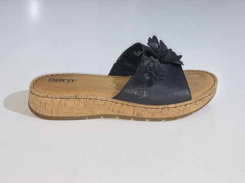 Born Flower Slides Women's 9 Dottie Black Leather Platform Flats F01403 - Picture 1 of 9