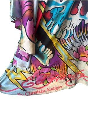 VTG Y2K Ed Hardy Dress M Skull Floral faux Satin Kimono Kaftan