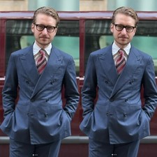 Blue Men's Suits Peak Lapel Double Breasted Formal Business Wedding Groom Tuxedo