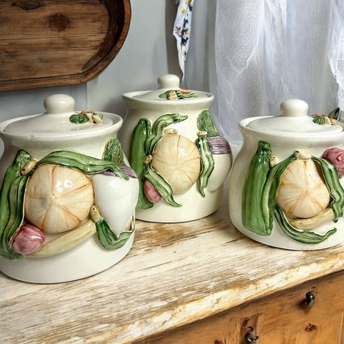 Vintage 1990s Vegetable Harvest 3 Piece Canister Set with Lids Hand painted - Picture 1 of 9