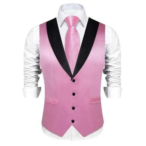 Conjunto de corbata chaleco satinado brillante para hombre 8 piezas chaleco liso y preatado grande rosa Foto 2 de 4