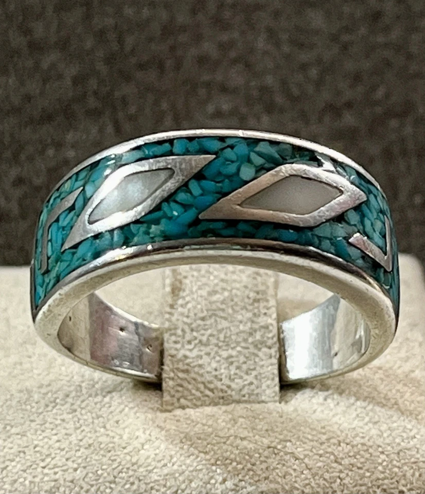 Серебро юго-западный, измельченный бирюза швабра инкрустация мужское кольцо размер 10 читать - Изображение 2 из 4