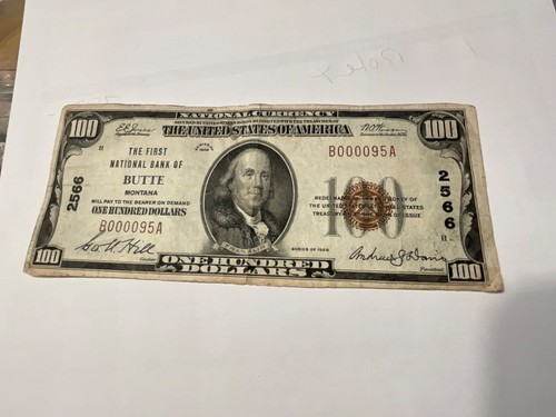RARE Butte Montana 1929 National Currency $100 First National Bank Charter 2566
