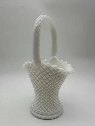 Vintage Westmoreland White Milk Glass English Hobnail Diamond Point Basket