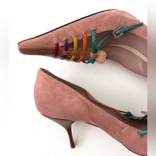 PRADA | Vintage Tan Suede Colorful Lace Up Pointed Toe Kitten Heel Pumps EU 40 - Picture 10 of 14