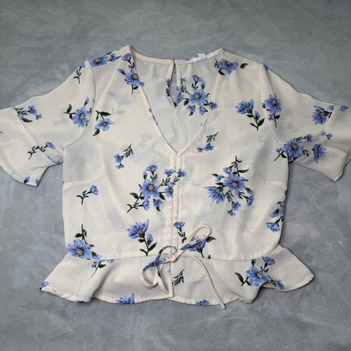Lydelle Women's Cream with Blue Floral Print Tie Front Peplum Blouse Top Size S - Picture 1 of 10