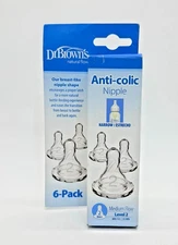 Dr Brown's Anti Colic Baby Bottle Nipple 6 Pack Narrow Level 2 Nipples New