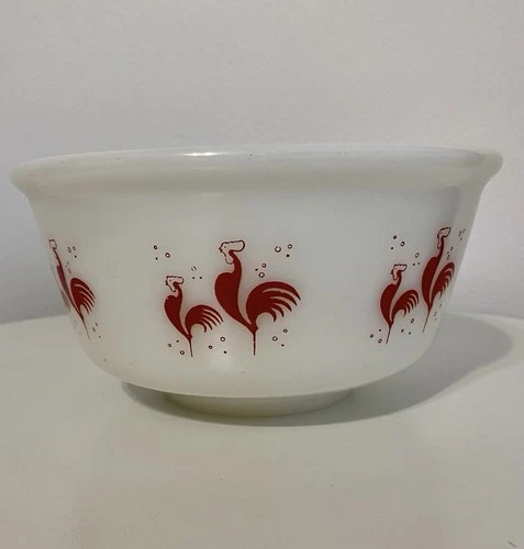 Vintage 1950s Hazel Atlas Red Rooster Milk Glass Mixing Bowl 6.5” x 3 5/8” tall