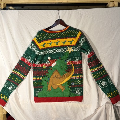 Holiday Time Sweater Mens Medium Green Ugly Christmas T-Rex Crashing Tree 38-40 - Picture 3 of 6