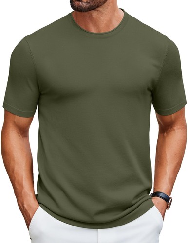 Knit Shirt for Men Casual Crewneck Solid Color Pullover Tees Basic Short Slee...