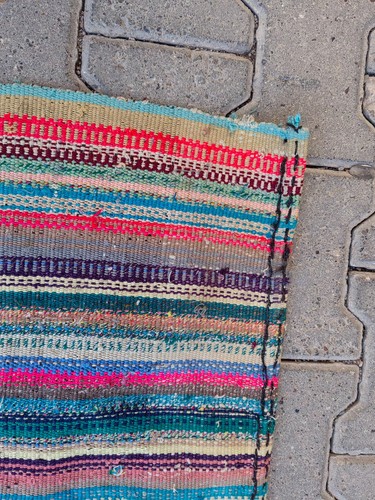 Vintage Turkish Rag Rug 2.9x2.7 ft | Colorful Striped Kilim Mat - Picture 15 of 15