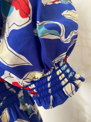 TORY BURCH SMOCKED BLUE PAINTED ROSES MIDI DRESS SIZE S SMALL - Picture 9 of 15