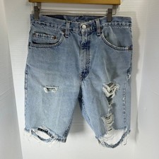 Levis 505 Vintage Light Wash Denim Shorts Mens 33 Distressed Torn 9" Inseam