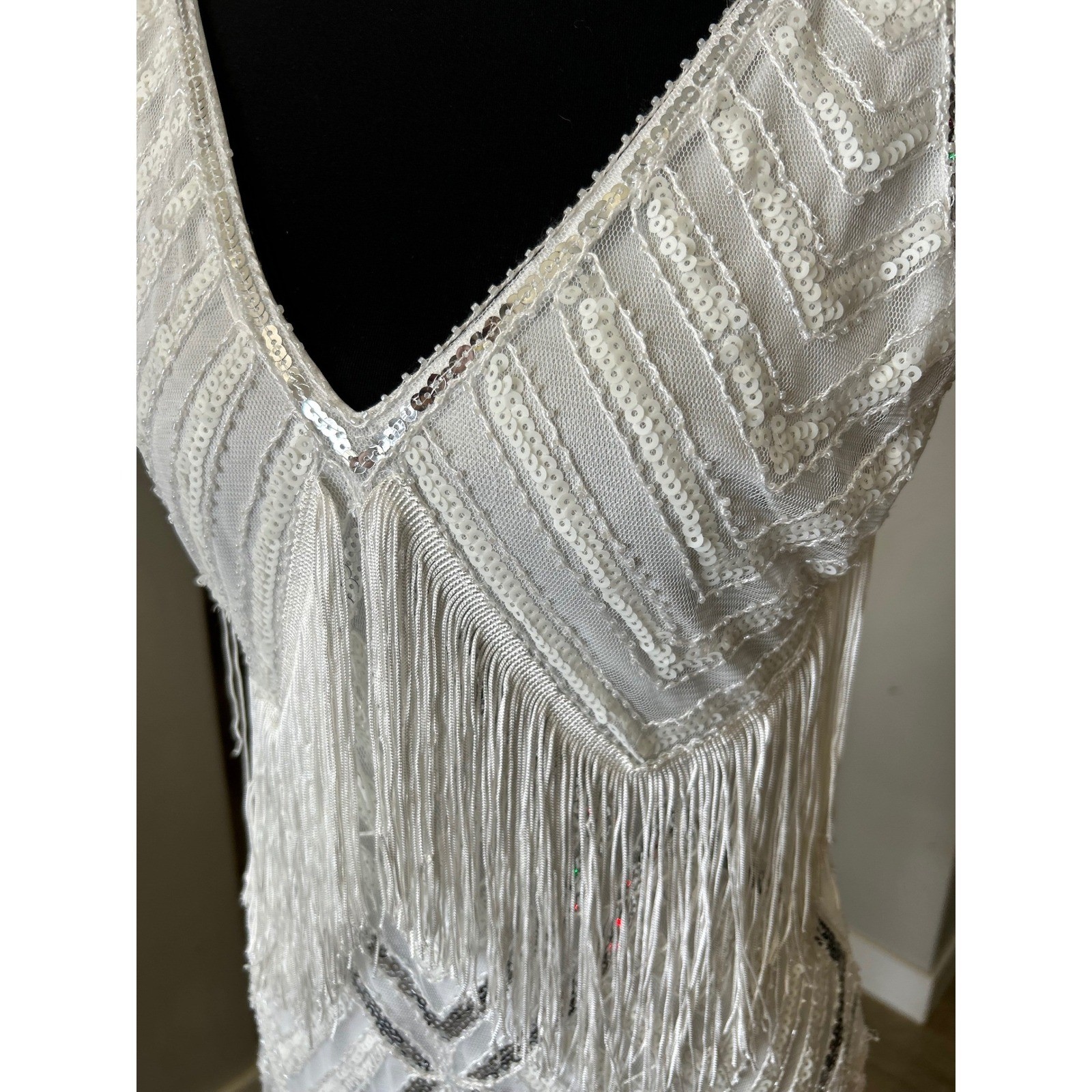 White Sequin Fringe Small Flapper Dress Gatsby NYE  Party Art Deco BABEYOND