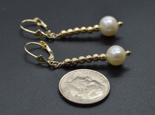 14K Solid Gold Natural Cultured White Pearl Gold Beads LeverBack Earrings - Picture 3 of 6