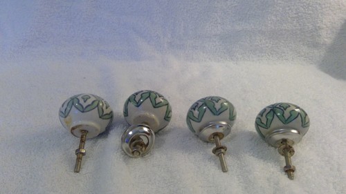 Set of 4 Ceramic Drawer or Cabinet Knobs, White w/Green Design, Sterling Screws - Picture 3 of 3