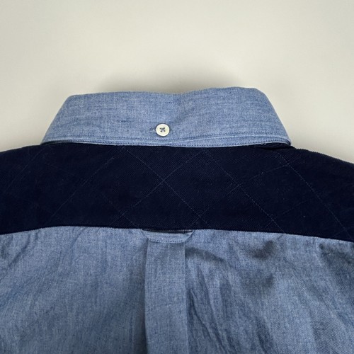 Faconnable Shirt Mens L Chambray Contempory Blue Corduroy Yoke Roll Tab Sleeve - Imagen 9 de 16